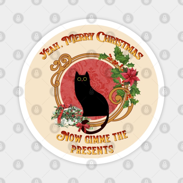 Grumpy black cat merry christmas, Festive black cat Magnet by Catmaleon Design